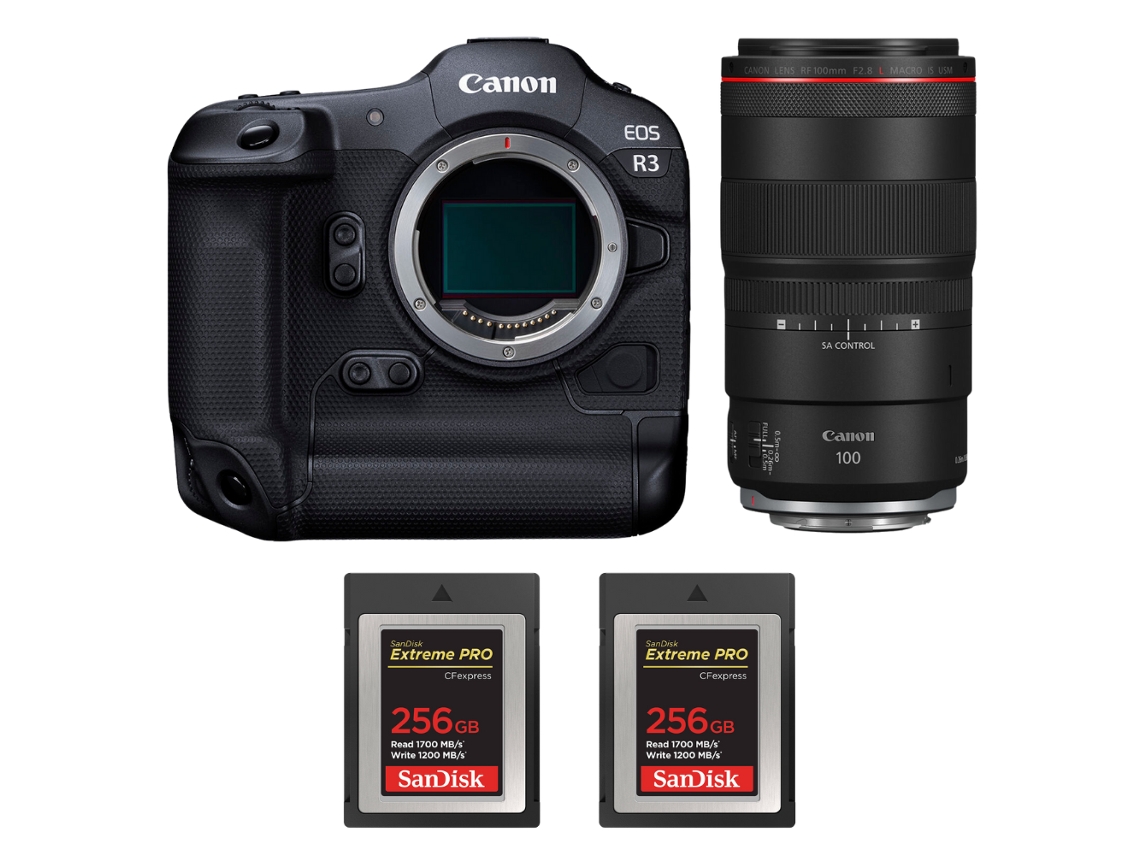 Eos R3 + Rf 100mm F/2.8 L Macro Is Usm + 2 Sandisk 256gb Extreme Pro Cfexpress Type B + Ebook “20 Dicas para Fotos Que Impressionam” CANON
