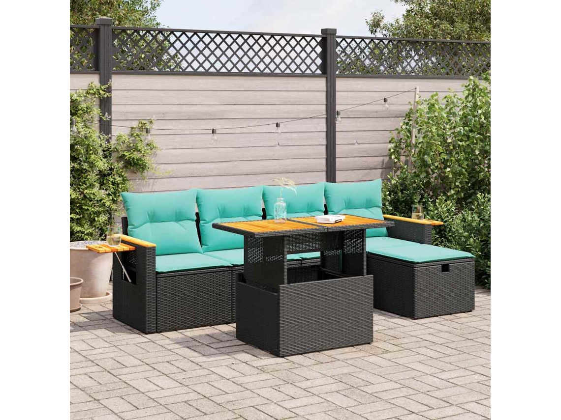 Vidaxl 6 Pcs Conjunto Sofás Jardim C/ Almofadões Vime Pe/acácia Preto
