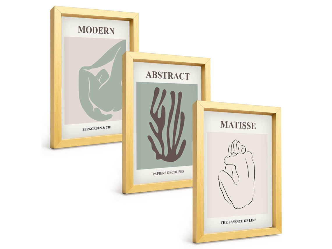 Conjunto De Pinturaspinturas Abstratas Elegantes De Matisse Moldura Dourada Quadros Para A Sala De Estar Espelharte (3 Peças 20x30 Cm)