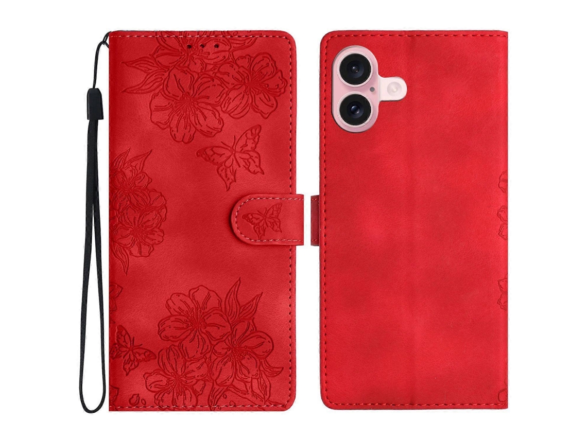 Capa De Couro Pu Com Alça De Pulso E Compartimentos Para Cartões Para Iphone 16, Capa De Celular Com Borboleta E Flor