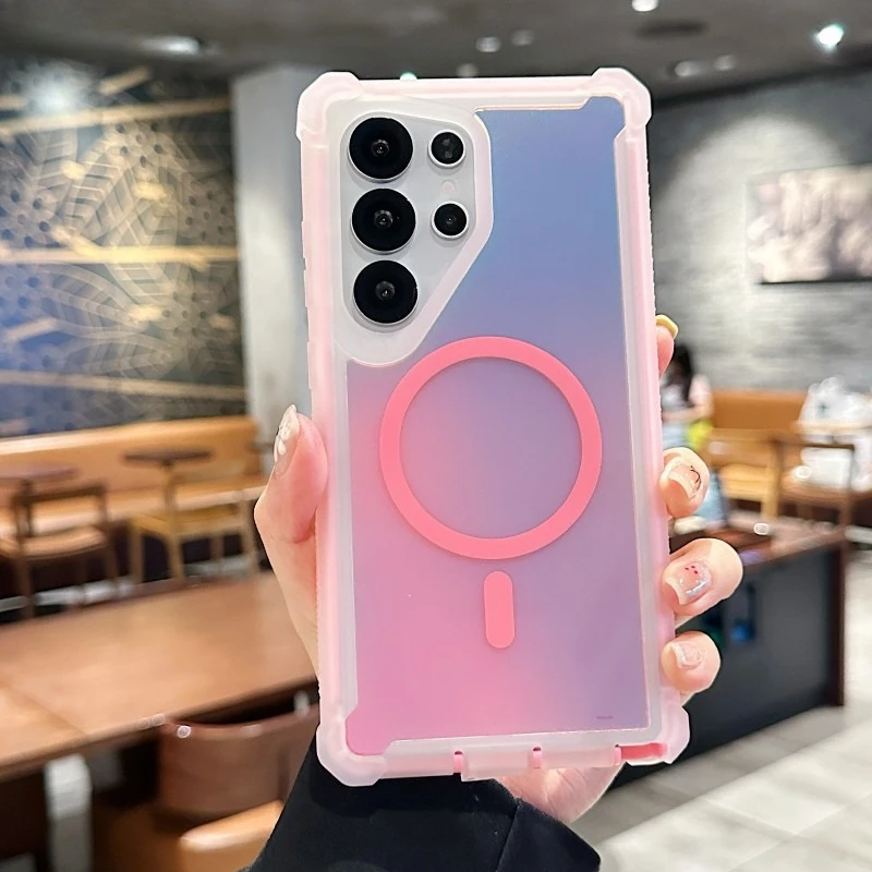 Capa Protetora Magnética Degradê Rosa Transparente Para Galaxy S24 Plus Com Amortecimento De Airbag, Tpu.