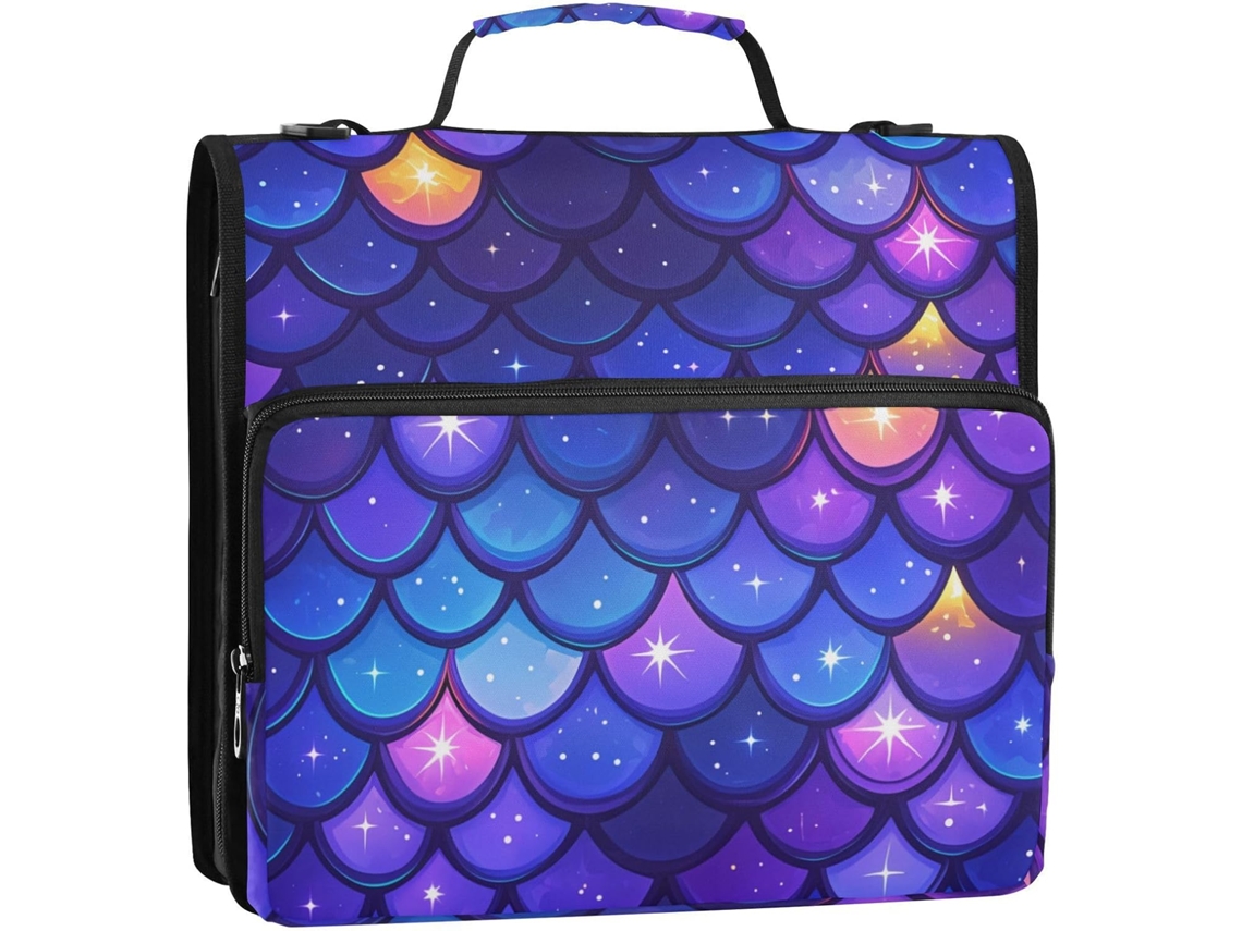Organizador de Mesa com 3 Argolas, Alça Ombro e Mão 3,8 Cm Roxo Escamas Dragão Brilhantes Fácil Transportar
