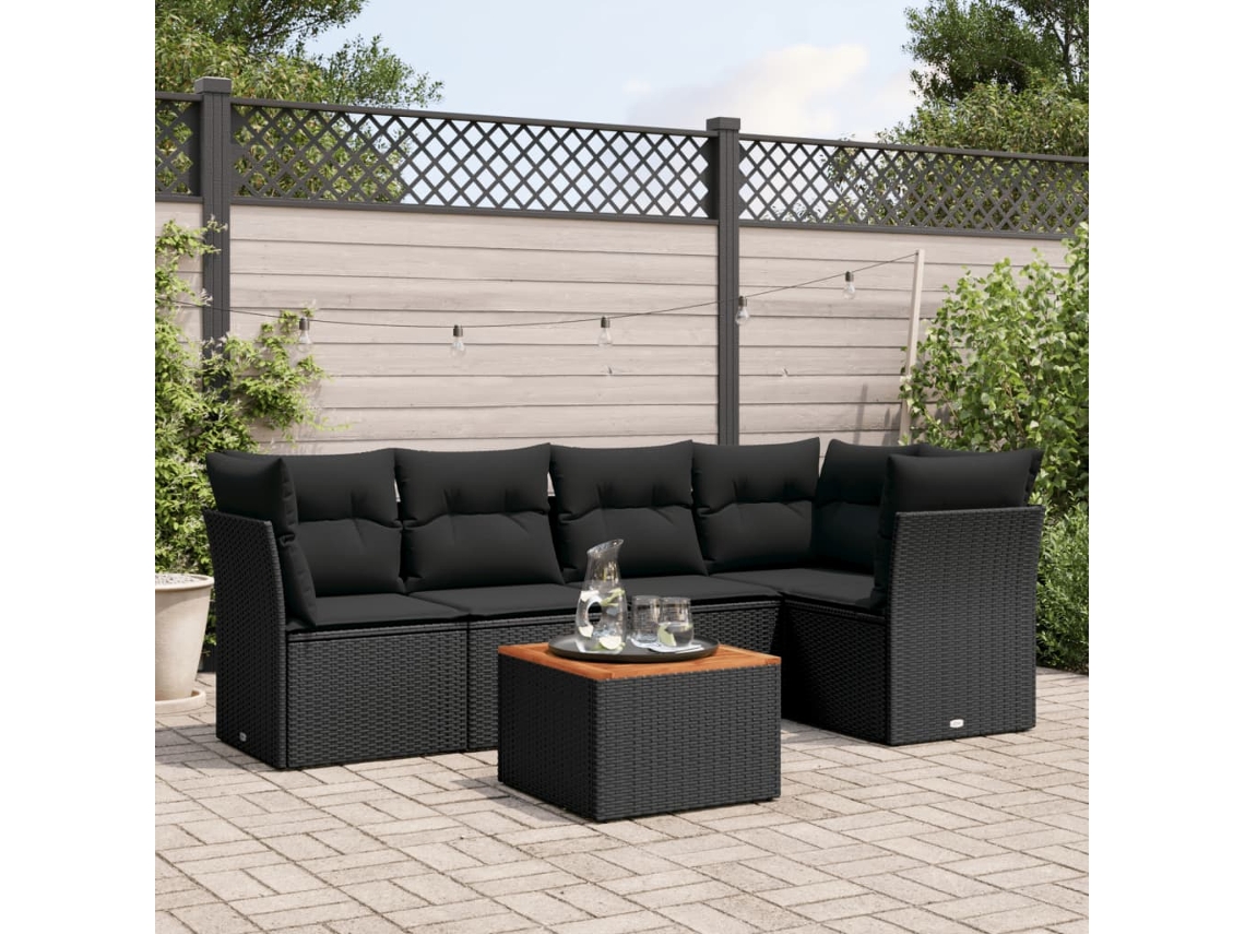 Vidaxl 6 Pcs Conjunto Sofás De Jardim C/ Almofadões Vime Pe Preto