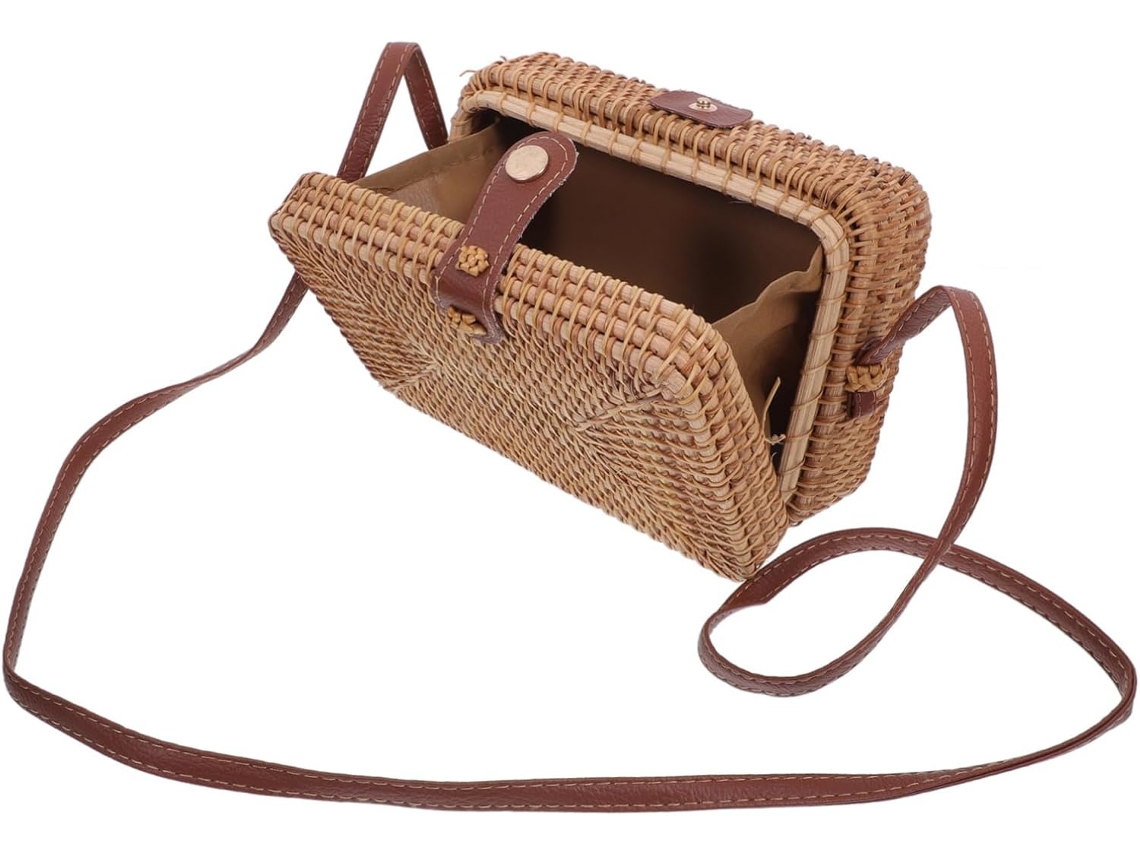 Bolsa Transversal Quadrada De Rattan Trançado, Bolsa De Ombro Prática Com Alça De Couro Retrô.