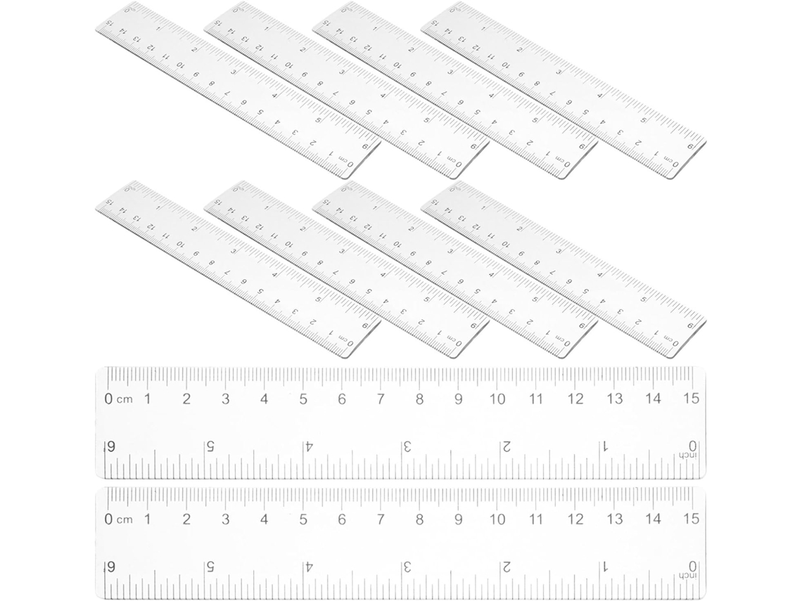 Conjunto Kallory de 10 réguas transparentes de plástico ABS de 15 cm com medição dupla, versáteis para design e escritório.