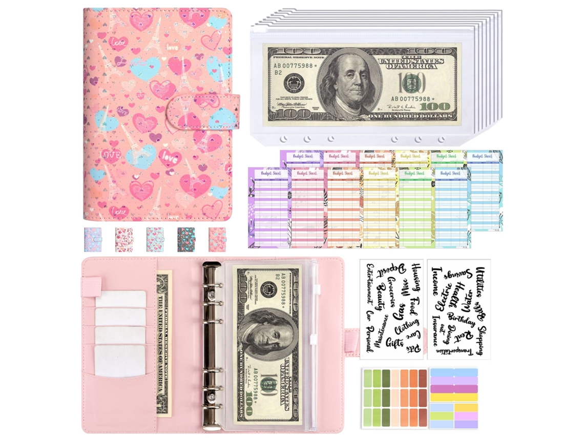 A6 Pu Leather Ring Binder Planner With Zipper Pouches Cash Budget Organizer, Pink Paris Love Eiffel Tower Cover