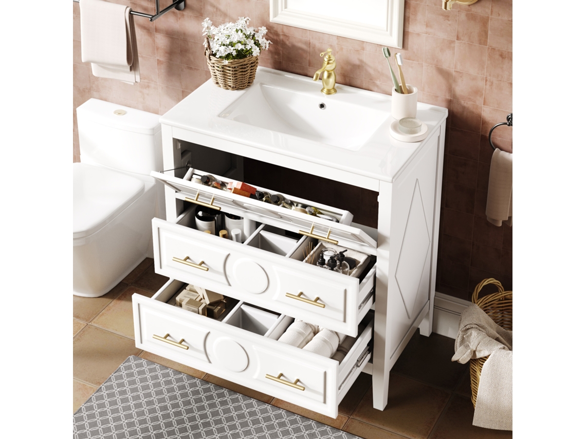 Móvel Banheiro Branco 81x46.5cm Cuba Cerâmica 3 Gavetas Retrô VELTRIX