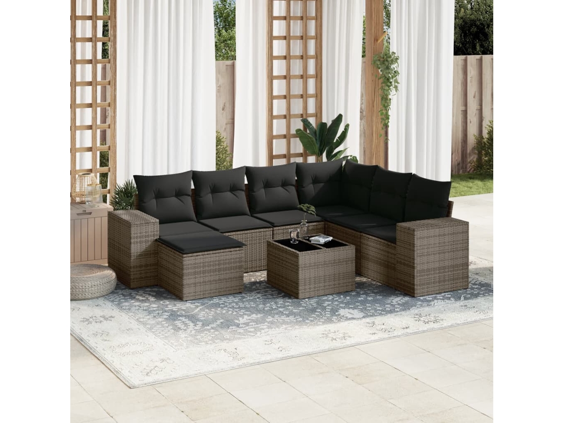 Vidaxl 8 Pcs Conjunto Sofás de Jardim C/ Almofadões Vime Pe Cinzento