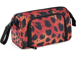 Estojo Portátil de Grande Capacidade, Estampa Leopardo Vermelha e Preta. 24 X 9,5 15 Cm Resistente Durável