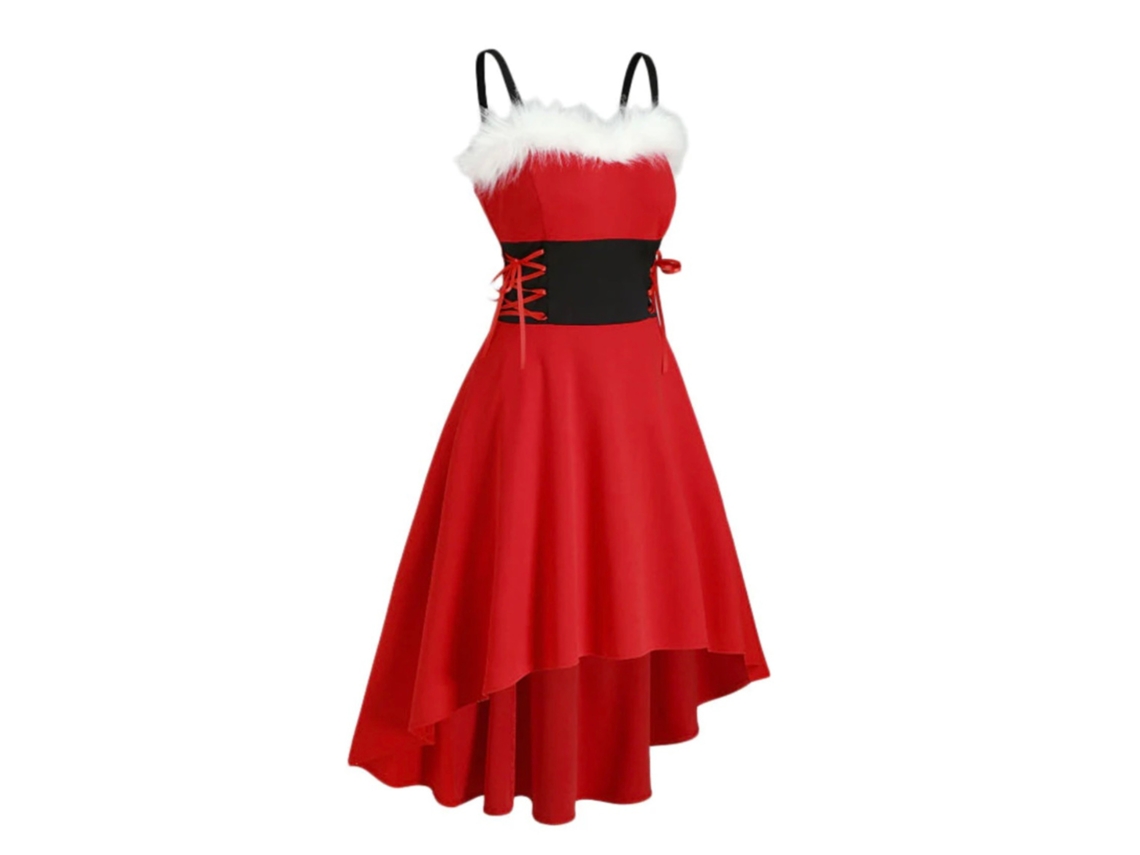 Roupas de Natal com Gola de Pele Fora Do Ombro Laço na Cintura Vestido com Suspensório L