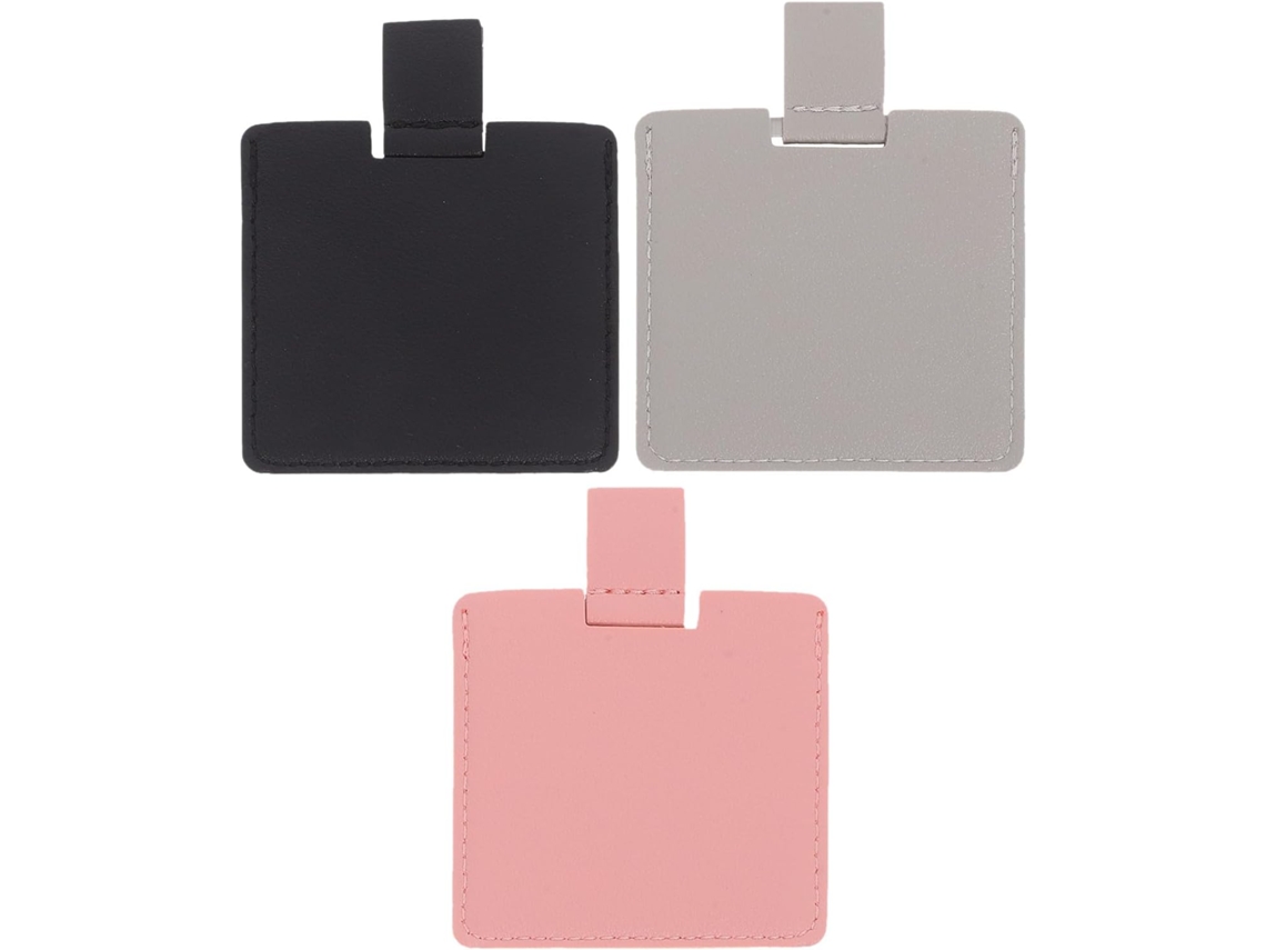 Conjunto de 3 espelhos portáteis para bolsa com compartimento em couro sintético, ideais para mini cosméticos.