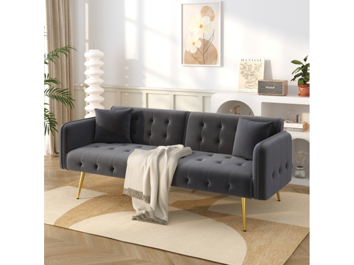 Sofá-cama Veludo de 2 lugares, encosto ajustável, braços com múltiplas posições, amplo espaço para dormir.