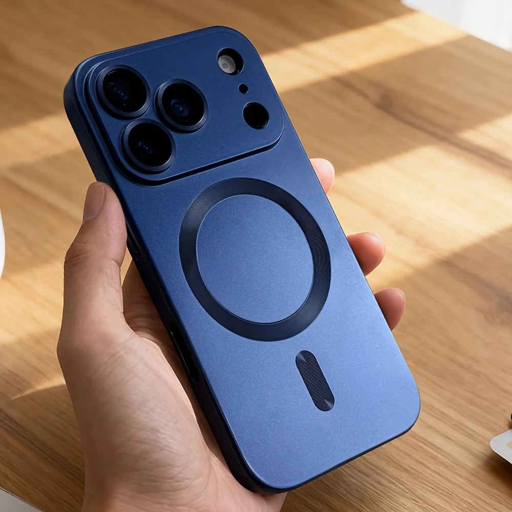 Capa Para Iphone 16 Plus Azul Com Pintura Metálica, Magnética E Em Tpu Macio Com Protetor De Lente Para Carregamento Sem Fio.