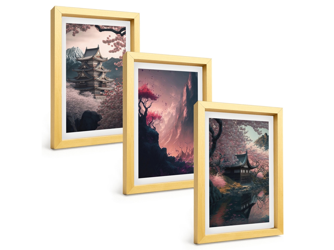 Composição De Quadros Na Paredepaisagens Fantásticas Das Montanhas Do Japão Moldura Dourada Quadros Para A Sala De Estar Espelharte (3 Peças 20x30 Cm)