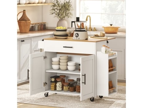 Ilha De Cozinha Com Carrinho Móvel,tampo Abatível,gaveta E Prateleira,120x68x85cm,cor Branca Mega Echo Trade Shop
