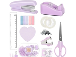 Kit de Material Escritório Roxo com Grampeador, Dispensador Fita Adesiva Removedor Grampos, 1000 Grampo S, Clipes e Tesoura para Estu GOKOCO