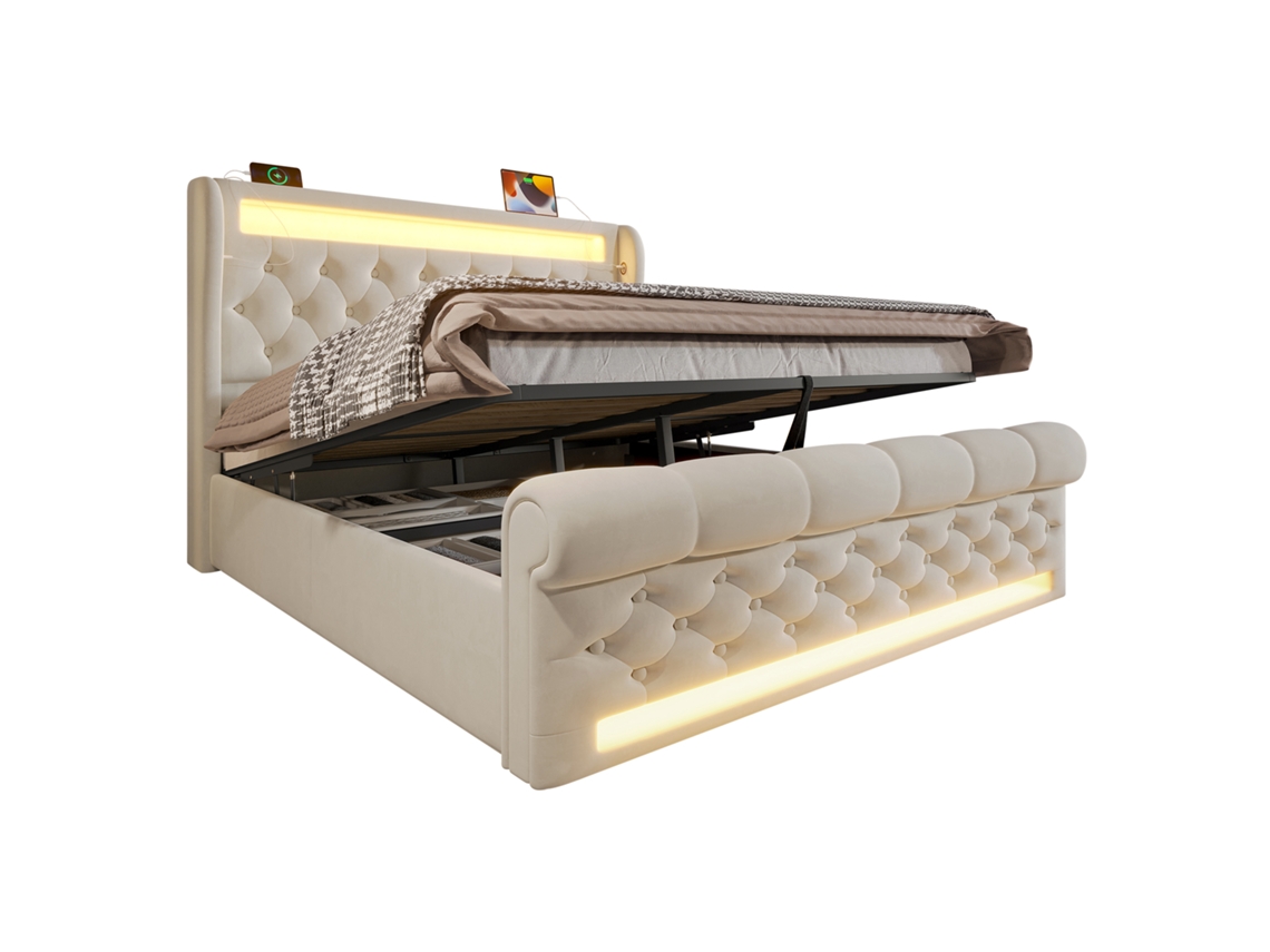 Cama de casal moderna estofada 140x200cm com luz led, cabeceira com armazenamento, usb e type c, hidráulica, veludo bege PAPRIKA