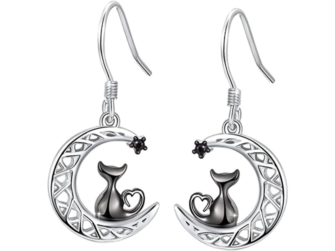 Brincos Pendentes De Gato Preto E Lua, Em Aço Inoxidável Prateado, Leves E Delicados, Para Mulheres.