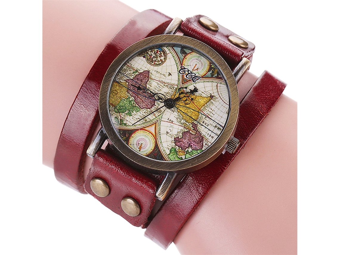 Reloj De Cuarzo Ccq Unisex Con Dial Retro De Mapa Y Correa De Pu Rojo