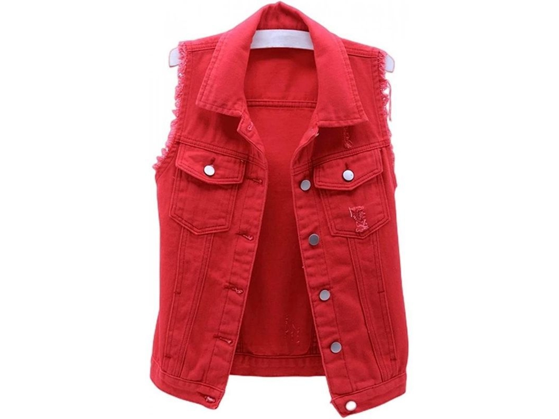 2026-chaleco Vaquero Crop Para Mujer Sin Mangas Con Botones Desgarrado Casual Abrigo Bde Medium Rojo
