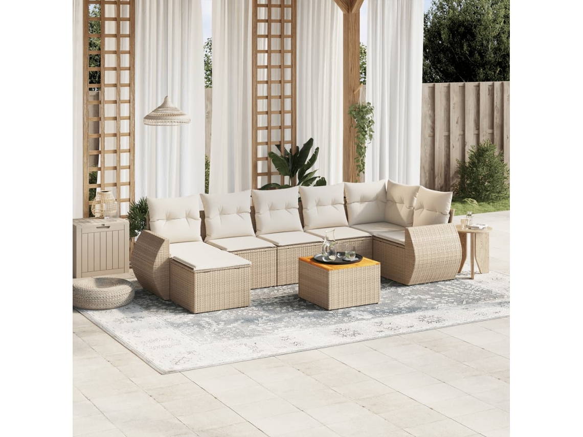 Vidaxl 8 Pcs Conjunto De Sofás P/ Jardim Com Almofadões Vime Pe Bege