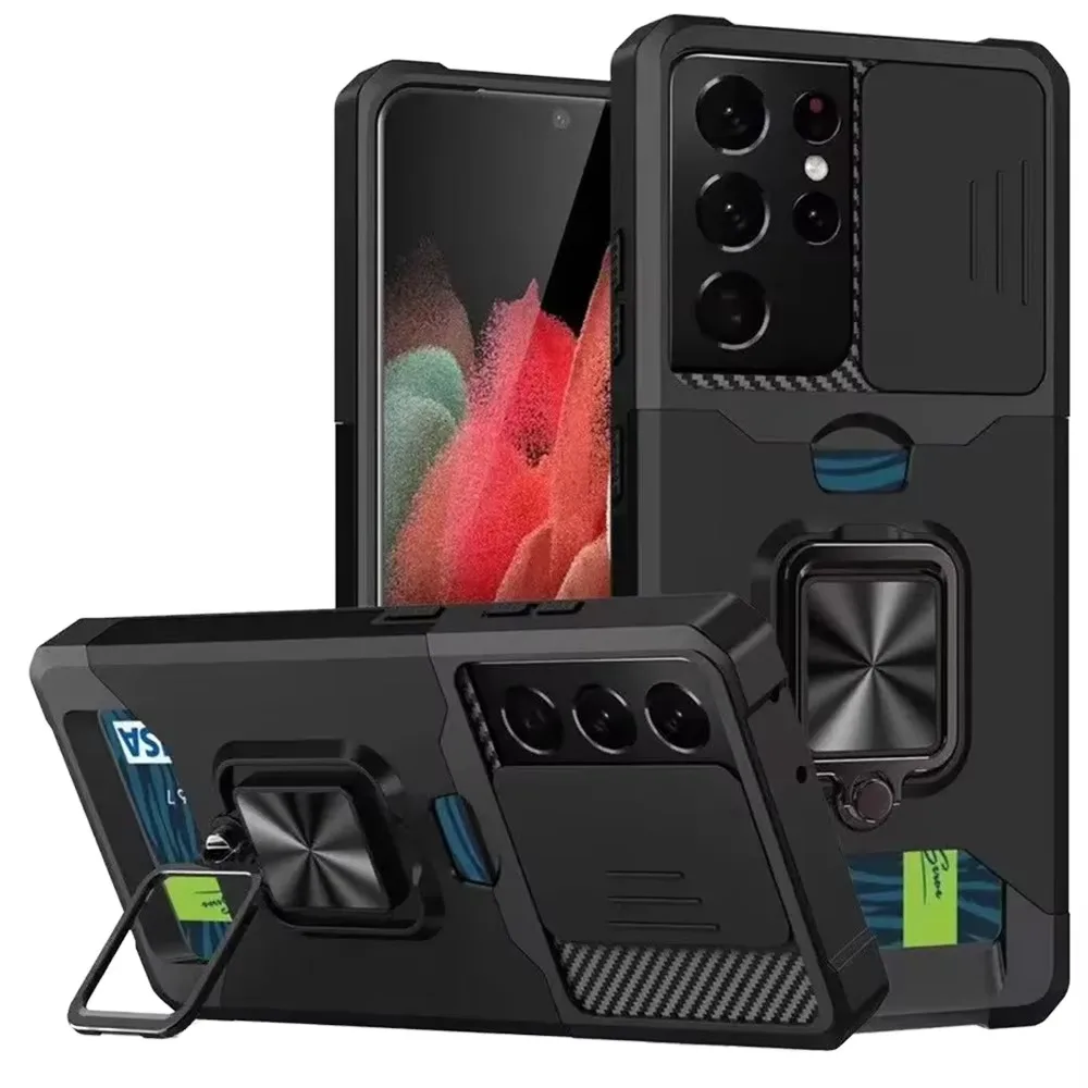(preto, Galaxy S25) Capa Protetora Resistente A Impactos Com Compartimento Para Cartão E Suporte De Anel Magnético