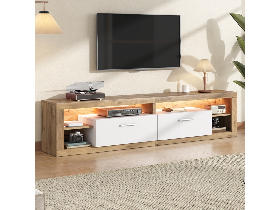 Móvel Para Tv Madeira E Branco Com Led, 180 X 35,5 X 50 Cm, 2 Gavetas E 4 Nichos, Até 75 Polegadas