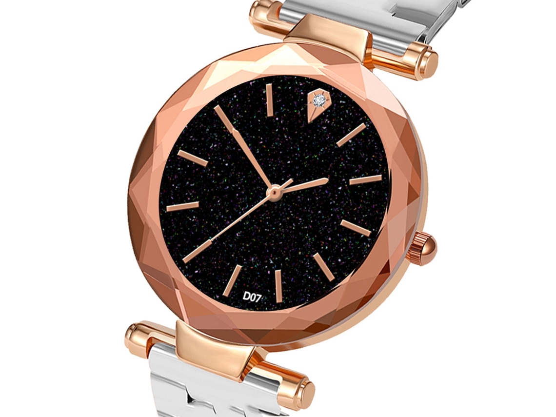 Relógio de Pulso Feminino de Quartzo com Mostrador Estrelado Pulseira de Aço Prata Casual Elegante
