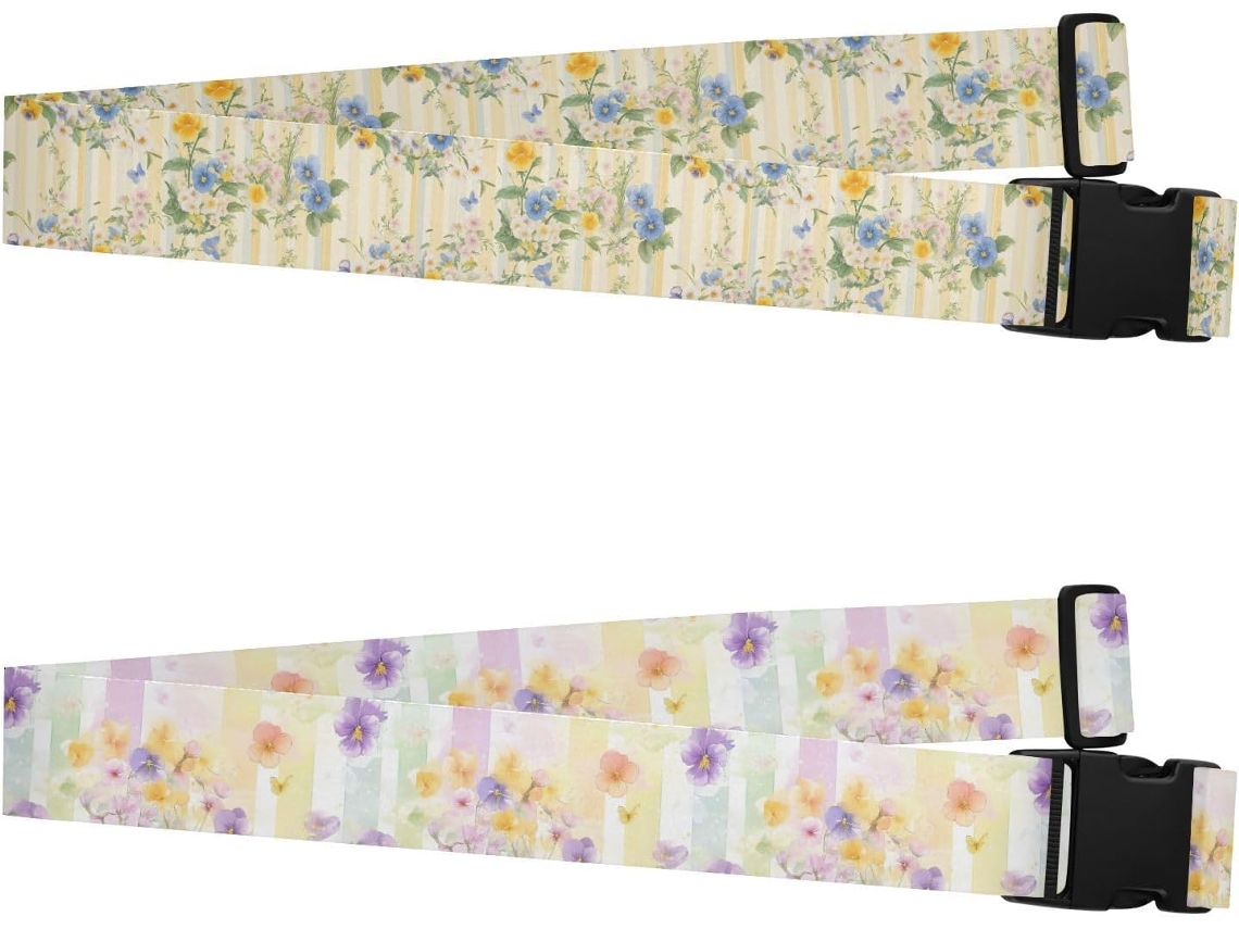 Conjunto De 2 Cintas Bagagem Amarelo Roxo Flores Frescas Ajustáveis Acessórios Viagem Essenciais