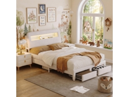 Cama Casal Com Iluminação Led 140x200 Cm E 2 Gavetas Inferiores, Cama De Arrumação Com Painel Carregador Usb E Tipo-c Em Veludo, Branco