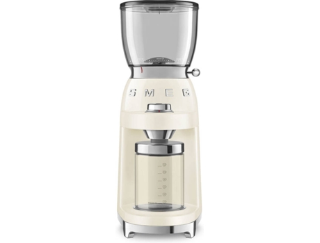 Moinho de Café SMEG CGF01CREU (Capacidade: 130 g - 150 W - Creme) — Moinho de café com moinho cónico. 30 níveis de moagem. 8 Funções. e 1 Função Manual. Sistema anti estático. Funil com capacidade para 350 gr. Com sistema Twist&Lock. Jarro para 150 gr. Café moído
