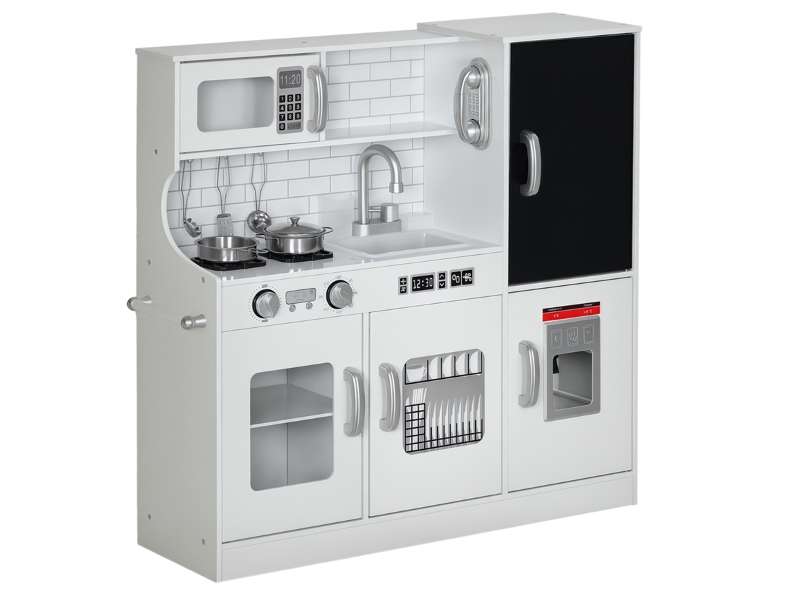 Cozinha infantil de madeira com acessórios, máquina de gelo, ardósia, 83,8x26,8x81cm, branco | S/MARCA
