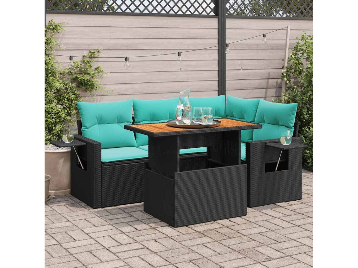 Vidaxl 5 Pcs Conjunto Sofás De Jardim Com Almofadões Vime Pe Preto