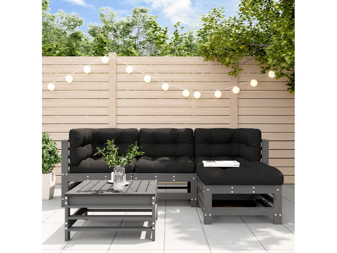 5pcs Conjunto Lounge Jardim Com Almofadões Madeira Maciça Cinza Dkd Home Decor
