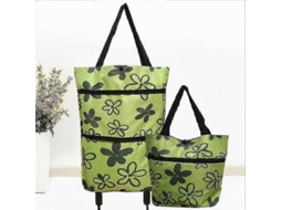 Carrinho de Compras Dobrável 2 em 1 com Rodas e Saco com Zíper Flor Verde GOKOCO