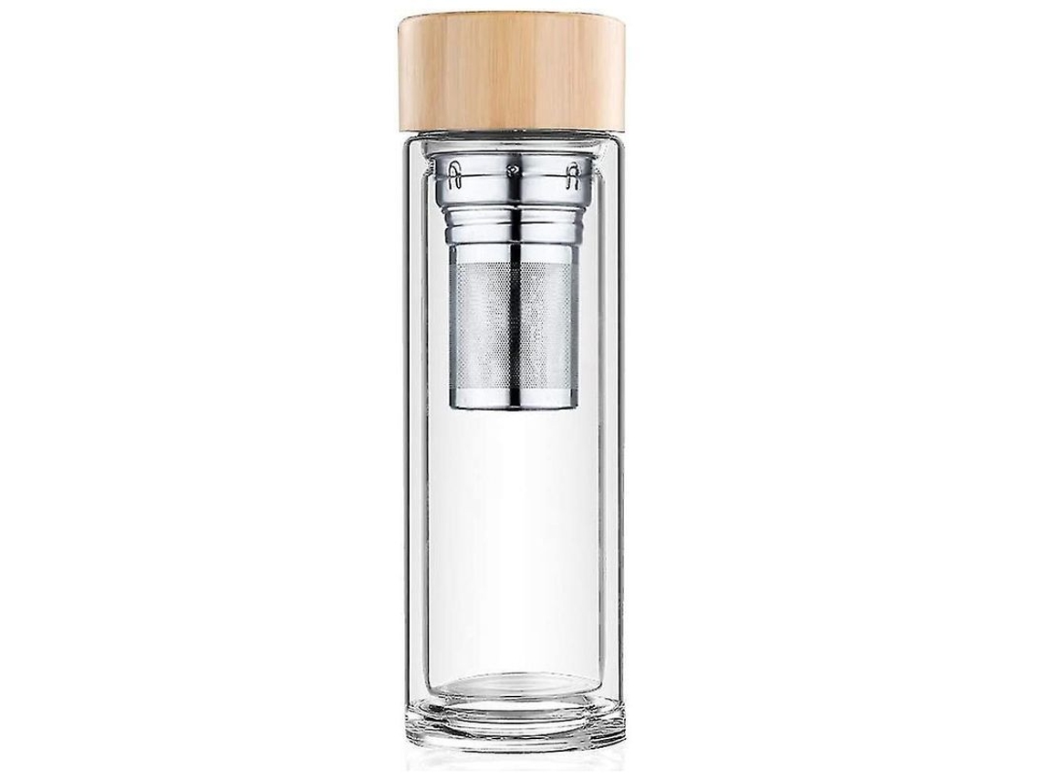 Garrafa Térmica De Vidro Borossilicato 450ml Com Infusor E Tampa De Bambu - 2 Camadas, Resistente A Arranhões