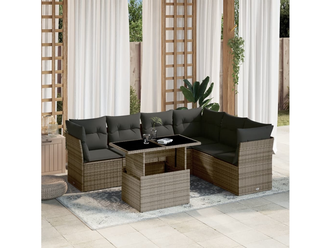 7 Pcs Conjunto Sofás P/ Jardim C/ Almofadões Vime Pe Cinza Dkd Home Decor