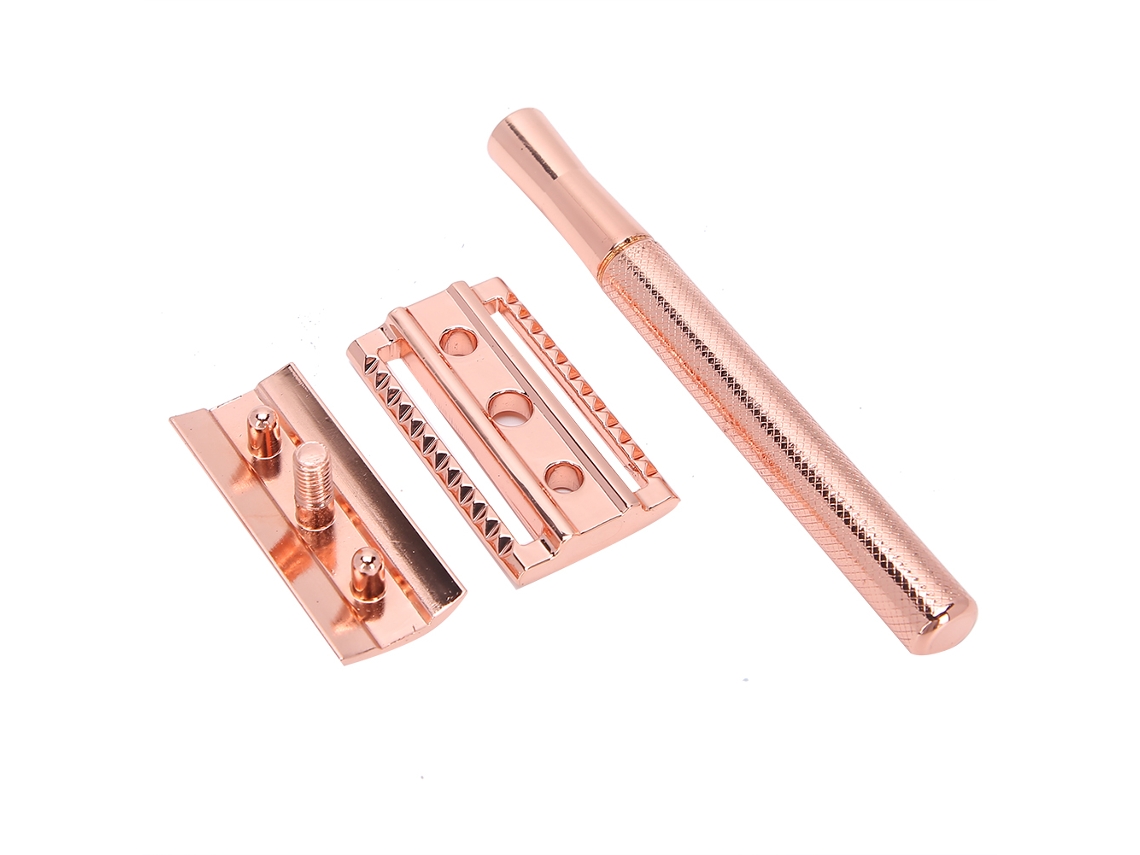 Aparelho de barbear manual masculino 2026 com lâmina dupla de aço inoxidável, material em liga de zinco, antiderrapante, cor rosa.