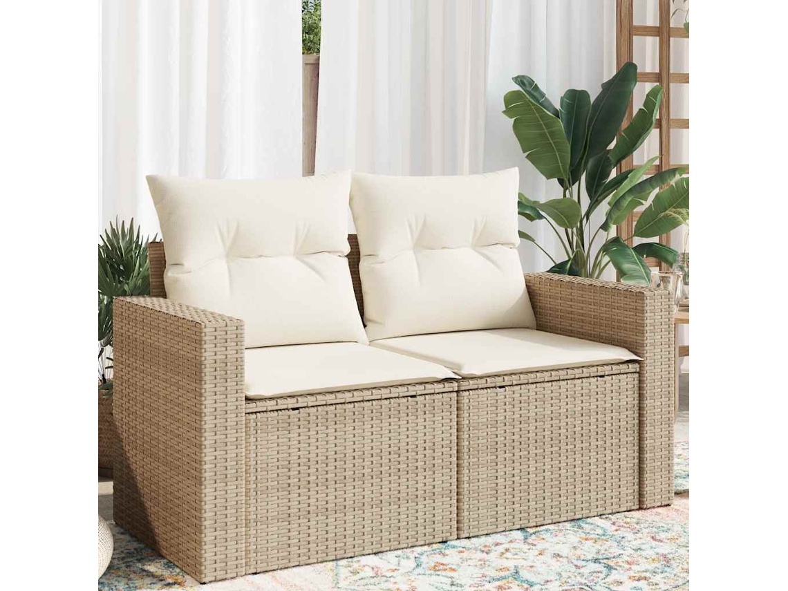 Vidaxl Sofá De Jardim De 2 Lugares Com Almofadões Vime Pe Bege