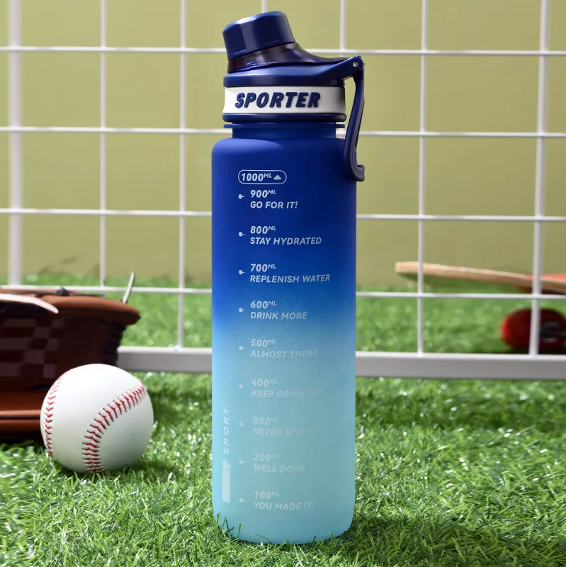(azul Gradiente 1000ml) Garrafa De Água Esportiva De Grande Capacidade (1000ml) Com Marcações De Tempo, Ideal Para Atividades Físicas.