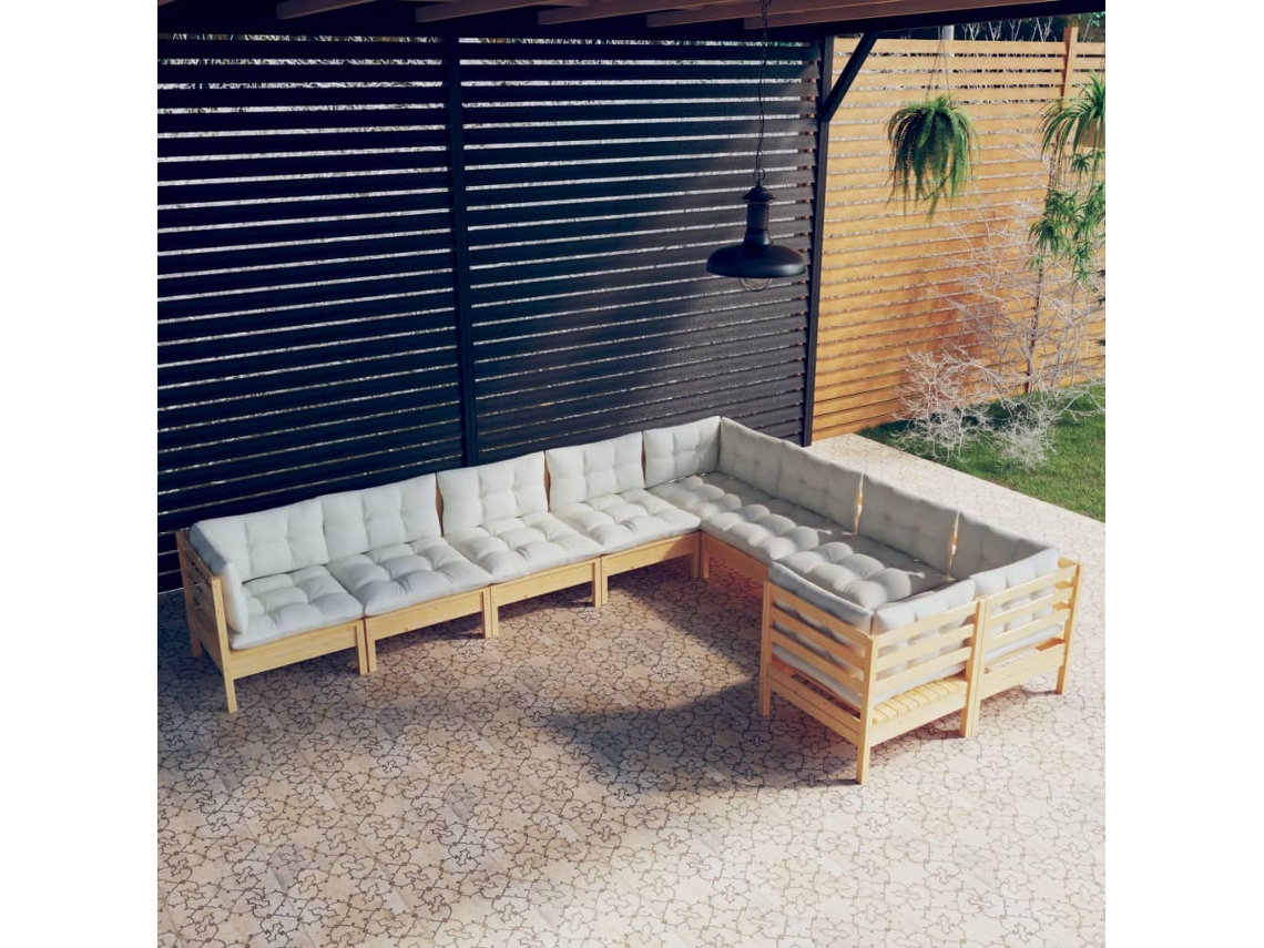 Vidaxl 9 Pcs Conjunto Lounge De Jardim C/ Almofadões Cor Creme Pinho