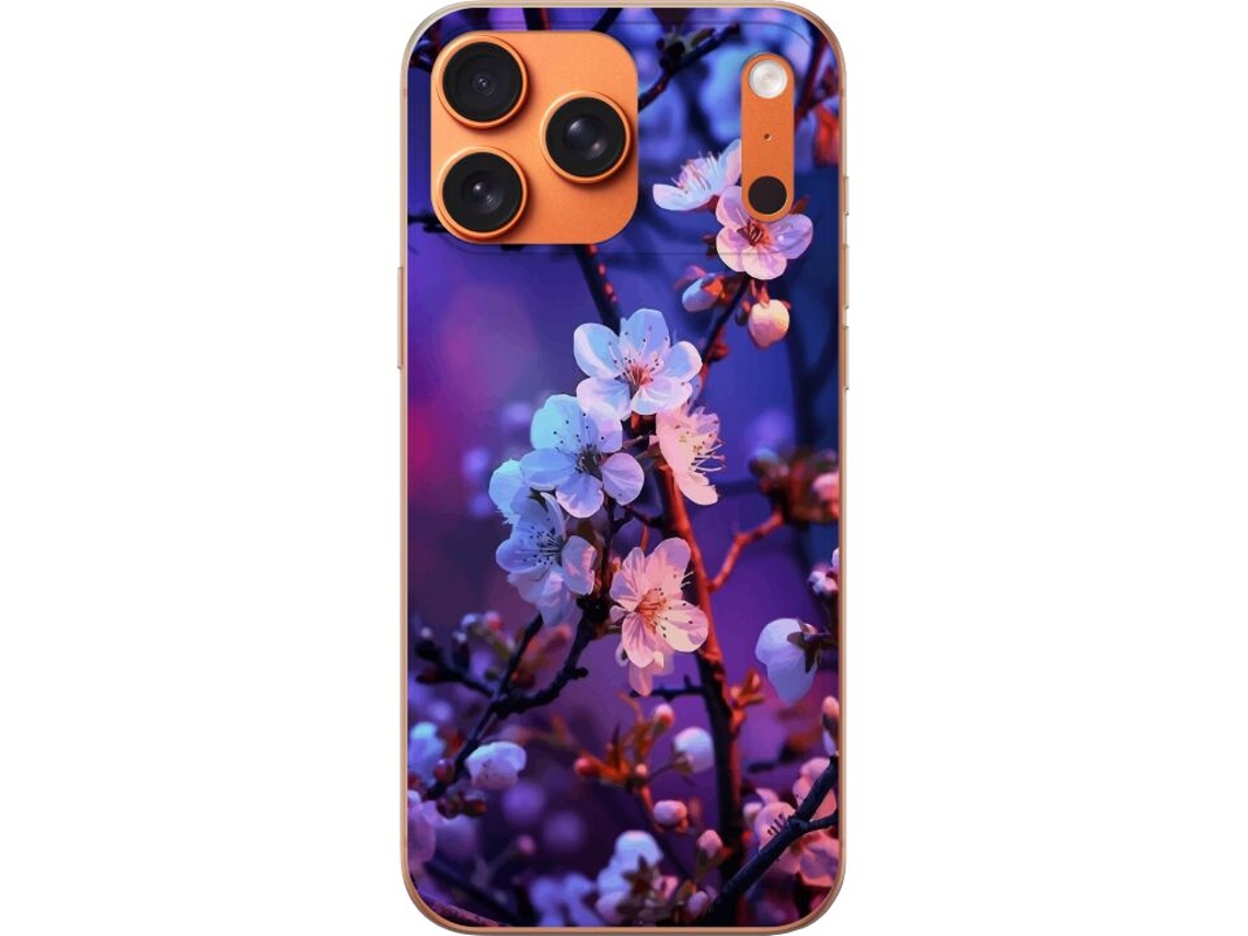 Capa Compatível Com O Apple Iphone 17 Pro Max. Close-up De Galhos Floridos Brancos Em Tons De Azul E Roxo, Imagem Atmosférica Da Natureza Com Luz Suav