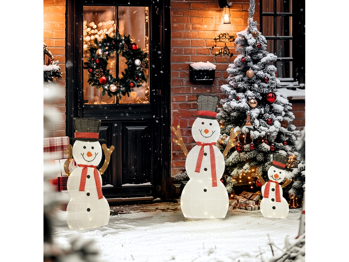 Família Boneco Neve Natal 3 Peças, Luzes Led, Exterior, Impermeável, Aço Poliéster, Branco