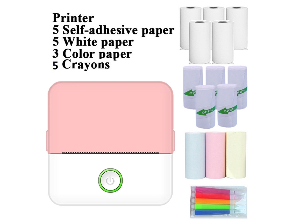 Impressora Bluetooth Portátil Para Erros Escolares Sfushos (rosa Branca, 5 Rolos Autocolante, 5 Rolos Térmico, 3 Rolos Colorido, 5 Canetas Coloridas)