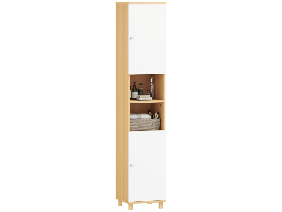 Coluna De Banho Com Armários E Prateleiras Ajustáveis 30x30x166cm Branco E Madeira