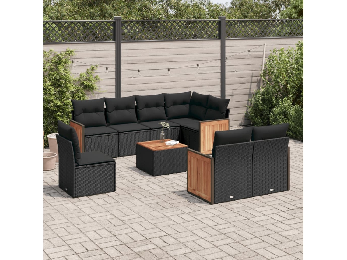 Jogo de Sofá 9 Peças P/ Jardim C/ Almofadões Vime Pe Preto Dkd Home Decor