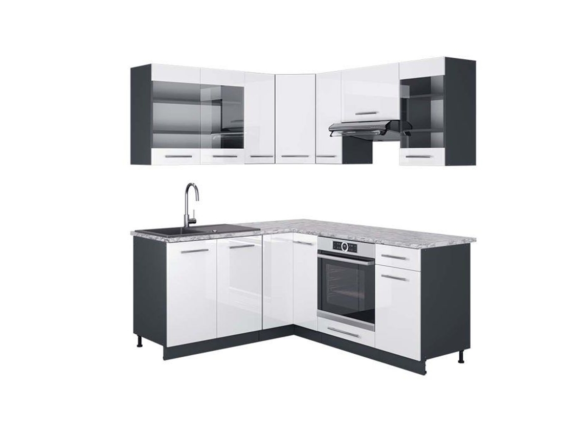 Cozinha de canto Fame-Line, 160 x 190 cm, Mármore PT, Branco brilhante/Antracite, Vicco