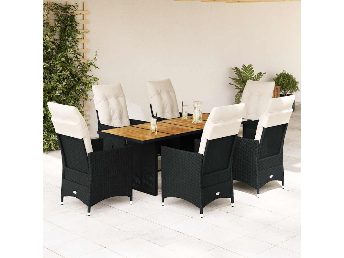 Vidaxl 7 Pcs Conjunto De Jantar P/ Jardim C/ Almofadões Vime Pe Preto