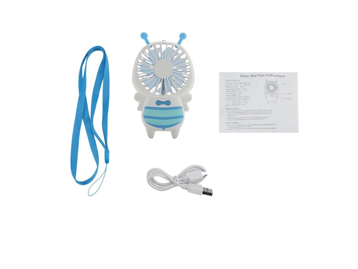 Ventilador Usb De Mão Estilo Abelha Com 2 Níveis De Vento, 7 Lâminas E Led Gradiente - Azul