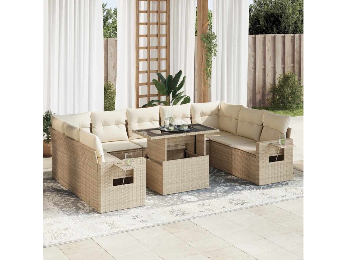Vidaxl 10 Pcs Conjunto De Sofás P/ Jardim Com Almofadões Vime Pe Bege